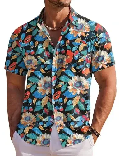 COOFANDY Men's Hawaiian Shirt Short Sleeve Floral Button Down Shirts Tropical Holiday Beach Shirts - 1