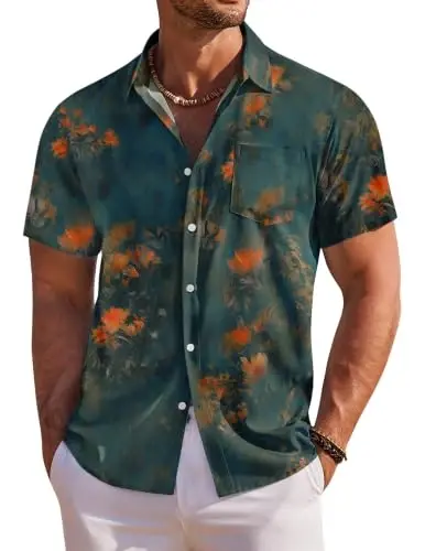 COOFANDY Men's Hawaiian Shirt Short Sleeve Floral Button Down Shirts Tropical Holiday Beach Shirts 