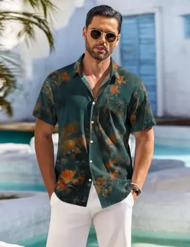 COOFANDY Men's Hawaiian Shirt Short Sleeve Floral Button Down Shirts Tropical Holiday Beach Shirts - 3