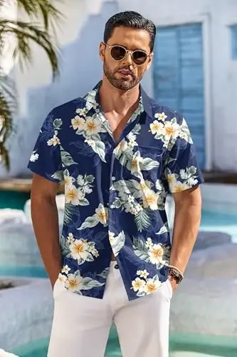 COOFANDY Men's Hawaiian Shirt Short Sleeve Floral Button Down Shirts Tropical Holiday Beach Shirts - 2
