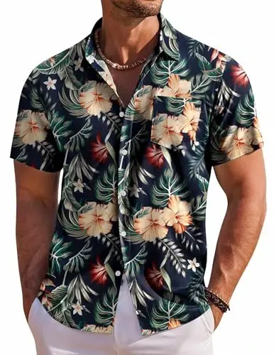 COOFANDY Men's Hawaiian Shirt Short Sleeve Floral Button Down Shirts Tropical Holiday Beach Shirts - COOFANDY