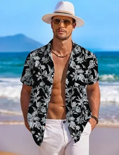 COOFANDY Men's Hawaiian Shirt Short Sleeve Floral Button Down Shirts Tropical Holiday Beach Shirts - 2