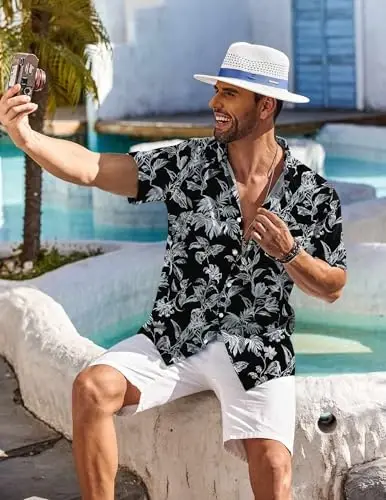 COOFANDY Men's Hawaiian Shirt Short Sleeve Floral Button Down Shirts Tropical Holiday Beach Shirts - 4
