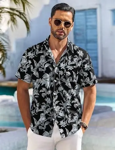 COOFANDY Men's Hawaiian Shirt Short Sleeve Floral Button Down Shirts Tropical Holiday Beach Shirts - 5
