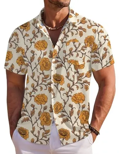 COOFANDY Men's Hawaiian Shirt Short Sleeve Floral Button Down Shirts Tropical Holiday Beach Shirts - 1