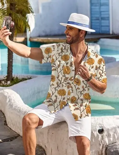 COOFANDY Men's Hawaiian Shirt Short Sleeve Floral Button Down Shirts Tropical Holiday Beach Shirts - 3