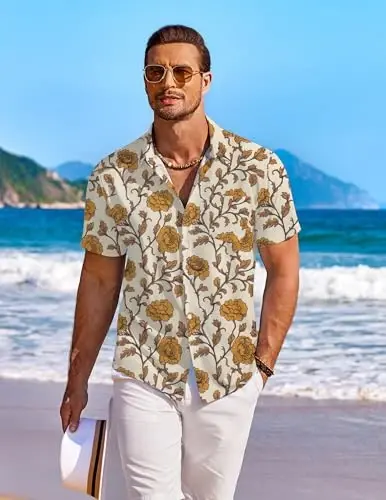 COOFANDY Men's Hawaiian Shirt Short Sleeve Floral Button Down Shirts Tropical Holiday Beach Shirts - 4
