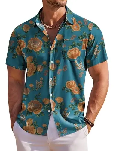 COOFANDY Men's Hawaiian Shirt Short Sleeve Floral Button Down Shirts Tropical Holiday Beach Shirts 
