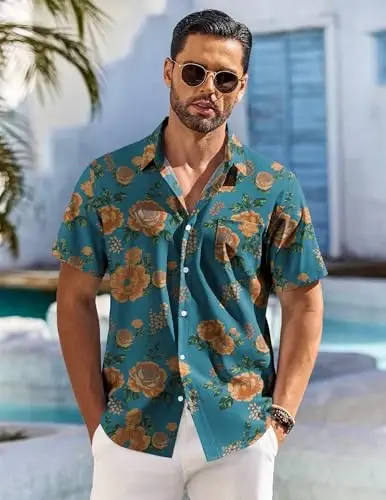 COOFANDY Men's Hawaiian Shirt Short Sleeve Floral Button Down Shirts Tropical Holiday Beach Shirts - 5
