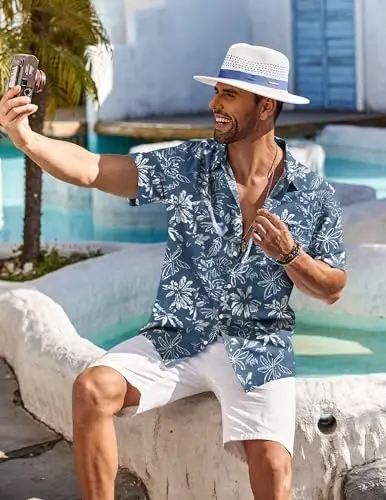 COOFANDY Men's Hawaiian Shirt Short Sleeve Floral Button Down Shirts Tropical Holiday Beach Shirts - 4