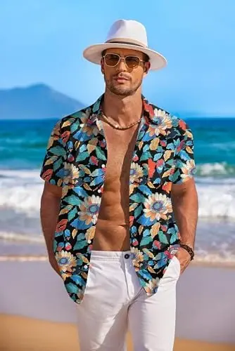 COOFANDY Men's Hawaiian Shirt Short Sleeve Floral Button Down Shirts Tropical Holiday Beach Shirts - COOFANDY (1)