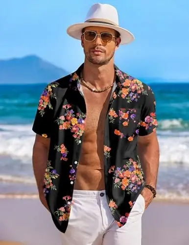 COOFANDY Men's Hawaiian Shirt Short Sleeve Floral Button Down Shirts Tropical Holiday Beach Shirts - 2