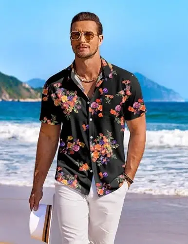 COOFANDY Men's Hawaiian Shirt Short Sleeve Floral Button Down Shirts Tropical Holiday Beach Shirts - 5