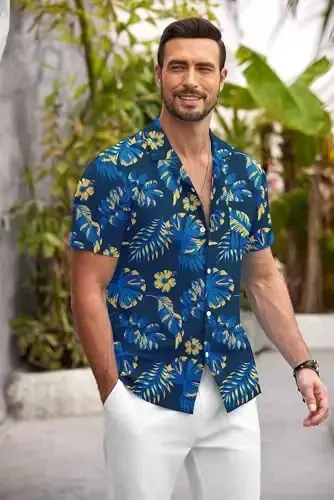 COOFANDY Mens Hawaiian Shirt Short Sleeve Floral Button Down Shirts Tropical Summer Beach Shirts Camp Collar Shirt - 2