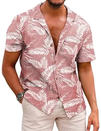 COOFANDY Mens Hawaiian Shirt Short Sleeve Buttoon Down Shirts Casual Tropical Floral Summer Linen Shirts 