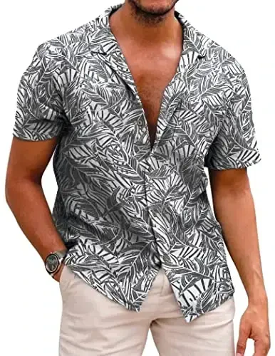 COOFANDY Mens Hawaiian Shirt Short Sleeve Buttoon Down Shirts Casual Tropical Floral Summer Linen Shirts - COOFANDY