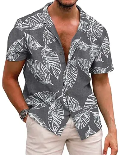 COOFANDY Mens Hawaiian Shirt Short Sleeve Buttoon Down Shirts Casual Tropical Floral Summer Linen Shirts 
