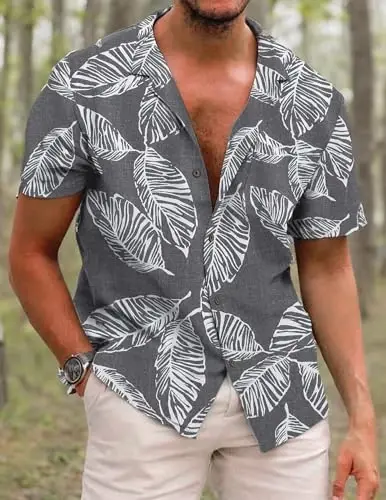 COOFANDY Mens Hawaiian Shirt Short Sleeve Buttoon Down Shirts Casual Tropical Floral Summer Linen Shirts - 6