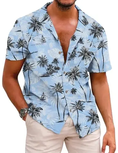 COOFANDY Mens Hawaiian Shirt Short Sleeve Buttoon Down Shirts Casual Tropical Floral Summer Linen Shirts 