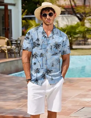 COOFANDY Mens Hawaiian Shirt Short Sleeve Buttoon Down Shirts Casual Tropical Floral Summer Linen Shirts - 5