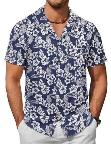 COOFANDY Mens Hawaiian Shirt Short Sleeve Buttoon Down Shirts Casual Tropical Floral Summer Linen Shirts 