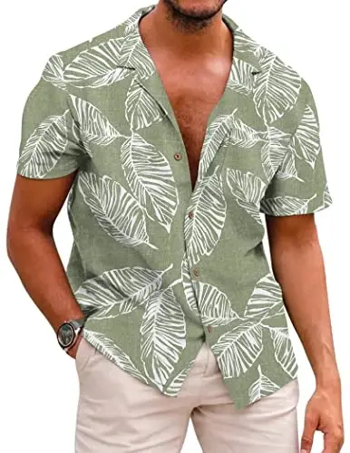 COOFANDY Mens Hawaiian Shirt Short Sleeve Buttoon Down Shirts Casual Tropical Floral Summer Linen Shirts - COOFANDY