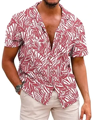 COOFANDY Mens Hawaiian Shirt Short Sleeve Buttoon Down Shirts Casual Tropical Floral Summer Linen Shirts - MODAZONE