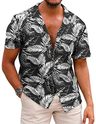 COOFANDY Mens Hawaiian Shirt Short Sleeve Buttoon Down Shirts Casual Tropical Floral Summer Linen Shirts - COOFANDY