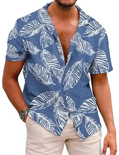 COOFANDY Mens Hawaiian Shirt Short Sleeve Buttoon Down Shirts Casual Tropical Floral Summer Linen Shirts - COOFANDY