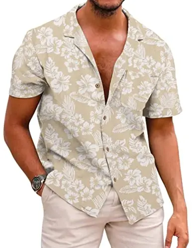 COOFANDY Mens Hawaiian Shirt Short Sleeve Buttoon Down Shirts Casual Tropical Floral Summer Linen Shirts 