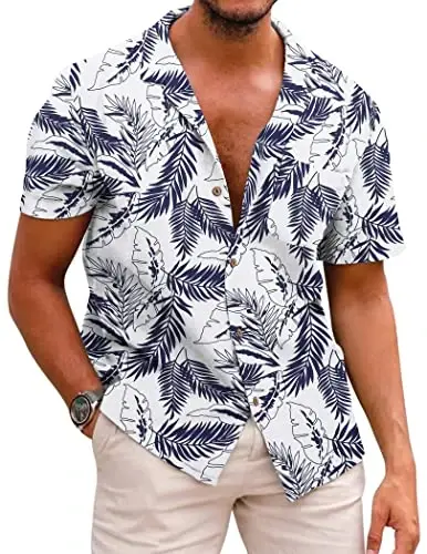 COOFANDY Mens Hawaiian Shirt Short Sleeve Buttoon Down Shirts Casual Tropical Floral Summer Linen Shirts 