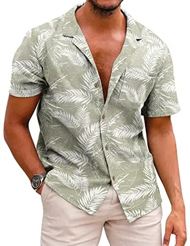 COOFANDY Mens Hawaiian Shirt Short Sleeve Buttoon Down Shirts Casual Tropical Floral Summer Linen Shirts 
