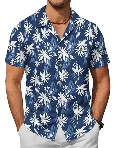 COOFANDY Mens Hawaiian Shirt Short Sleeve Buttoon Down Shirts Casual Tropical Floral Summer Linen Shirts - 1
