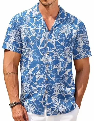 COOFANDY Mens Hawaiian Shirt Short Sleeve Buttoon Down Shirts Casual Tropical Floral Summer Linen Shirts 