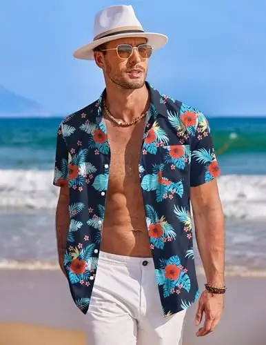 COOFANDY Mens Hawaiian Shirt Short Sleeve Button Down Shirts Tropical Summer Beach Shirts Casual Floral Aloha Shirts - 2
