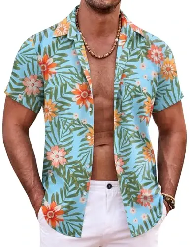 COOFANDY Erkek Hawaii Gömleği Kısa Kollu Düğmeli Gömlekler Tropikal Yaz Plaj Gömlekleri Günlük Çiçekli Aloha Gömlekleri 