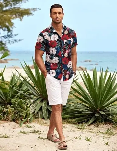 COOFANDY Erkek Hawaii Gömleği Kısa Kollu Düğmeli Gömlekler Tropikal Yaz Plaj Gömlekleri Günlük Çiçekli Aloha Gömlekleri - 3