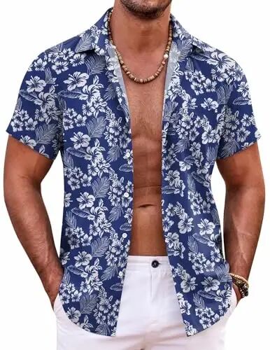 COOFANDY Erkek Hawaii Gömleği Kısa Kollu Düğmeli Gömlekler Tropikal Yaz Plaj Gömlekleri Günlük Çiçekli Aloha Gömlekleri - COOFANDY