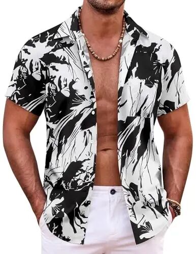 COOFANDY Erkek Hawaii Gömleği Kısa Kollu Düğmeli Gömlekler Tropikal Yaz Plaj Gömlekleri Günlük Çiçekli Aloha Gömlekleri - COOFANDY