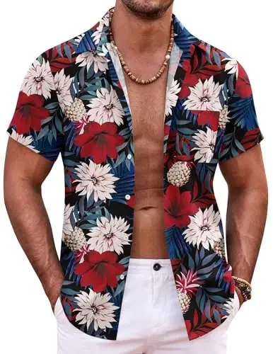 COOFANDY Mens Hawaiian Shirt Short Sleeve Button Down Shirts Tropical Summer Beach Shirts Casual Floral Aloha Shirts 