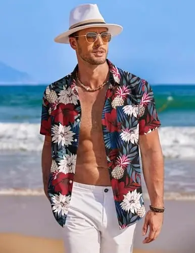 COOFANDY Mens Hawaiian Shirt Short Sleeve Button Down Shirts Tropical Summer Beach Shirts Casual Floral Aloha Shirts - 2