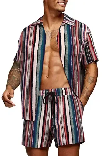 COOFANDY Men's Hawaiian Matching Set Summer Beach 2 Piece Outfits Flower Button Down Shirts and Shorts Vacation Outfits 