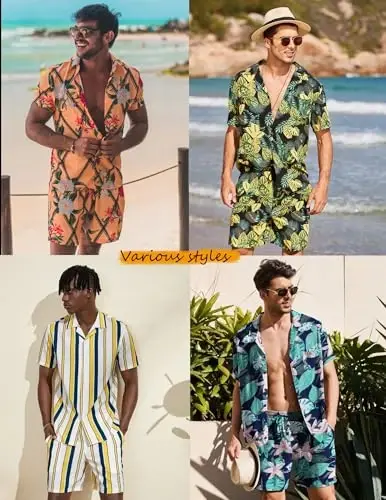 COOFANDY Men's Hawaiian Matching Set Summer Beach 2 Piece Outfits Flower Button Down Shirts and Shorts Vacation Outfits - 2