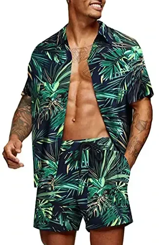 COOFANDY Men's Hawaiian Matching Set Summer Beach 2 Piece Outfits Flower Button Down Shirts and Shorts Vacation Outfits - COOFANDY