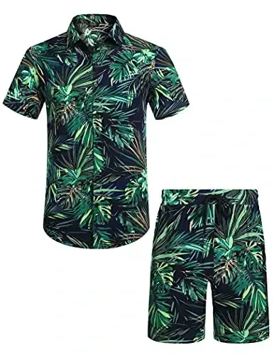 COOFANDY Men's Hawaiian Matching Set Summer Beach 2 Piece Outfits Flower Button Down Shirts and Shorts Vacation Outfits - 4