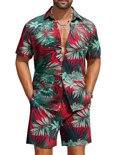 COOFANDY Men's Hawaiian Matching Set Summer Beach 2 Piece Outfits Flower Button Down Shirts and Shorts Vacation Outfits 