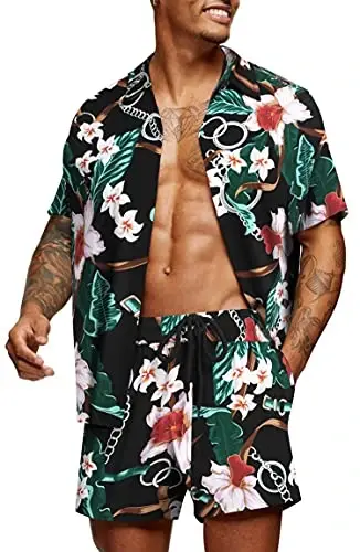 COOFANDY Men's Hawaiian Matching Set Summer Beach 2 Piece Outfits Flower Button Down Shirts and Shorts Vacation Outfits 