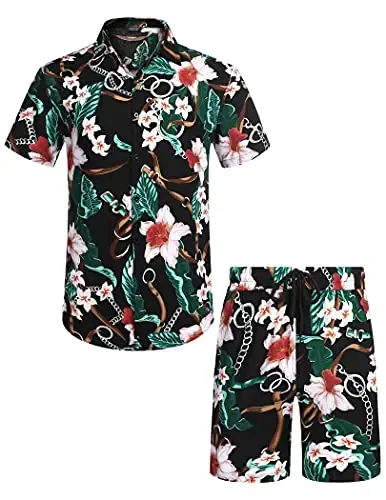 COOFANDY Men's Hawaiian Matching Set Summer Beach 2 Piece Outfits Flower Button Down Shirts and Shorts Vacation Outfits - 4