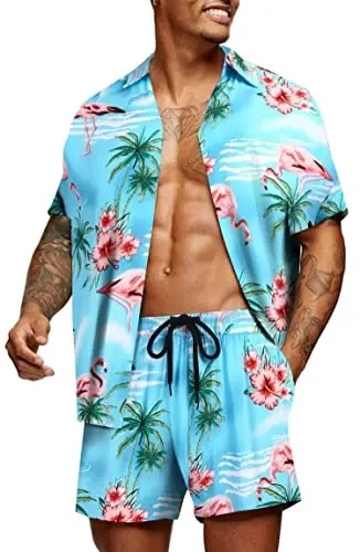 COOFANDY Men's Hawaiian Matching Set Summer Beach 2 Piece Outfits Flower Button Down Shirts and Shorts Vacation Outfits - COOFANDY