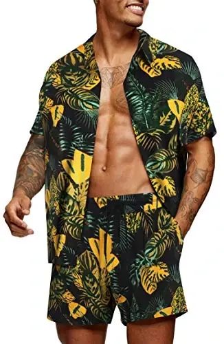 COOFANDY Men's Hawaiian Matching Set Summer Beach 2 Piece Outfits Flower Button Down Shirts and Shorts Vacation Outfits - COOFANDY (1)